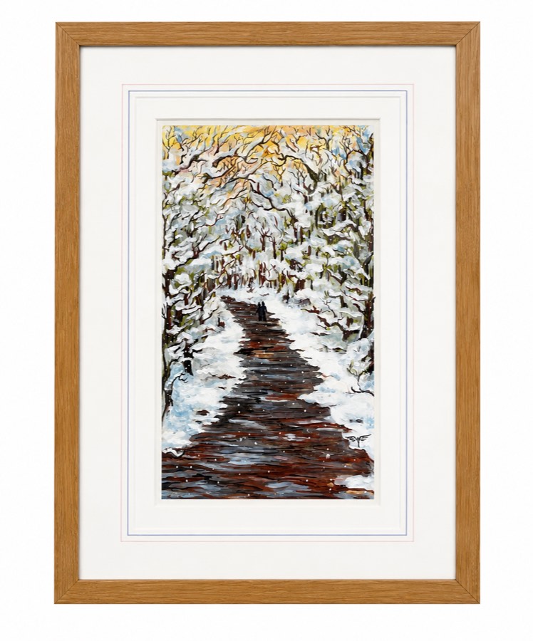 Light oak frame with double mount around a snowy woodland path painting