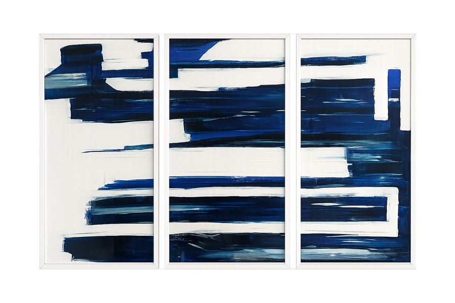 White box frame triptych of an abstract navy brushwork painting