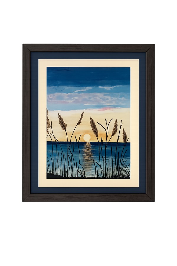 Dark frame with double mount around a coastal sunset painting