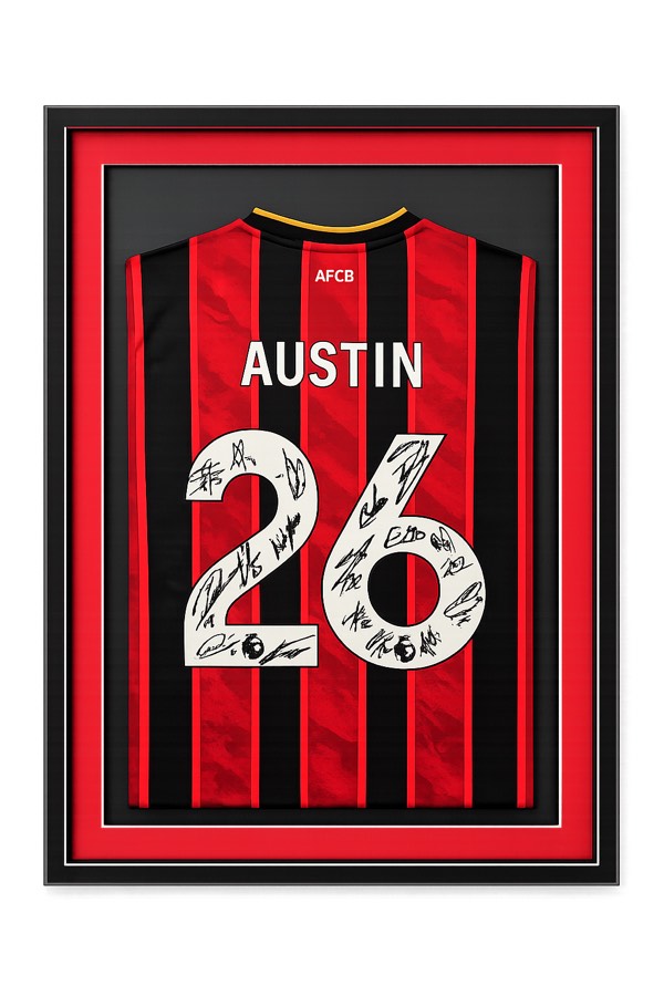Signed AFC Bournemouth football shirt in a fabric-lined box frame